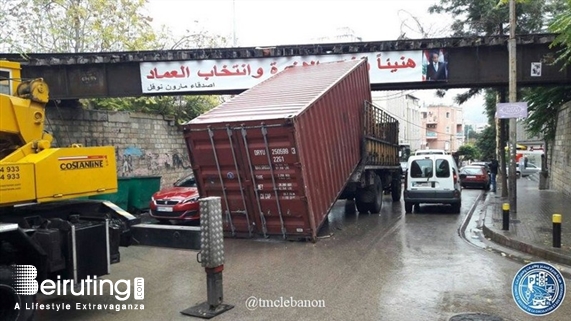 Outdoor Truck causes railway bridge collapse in Mar Mikhael Lebanon